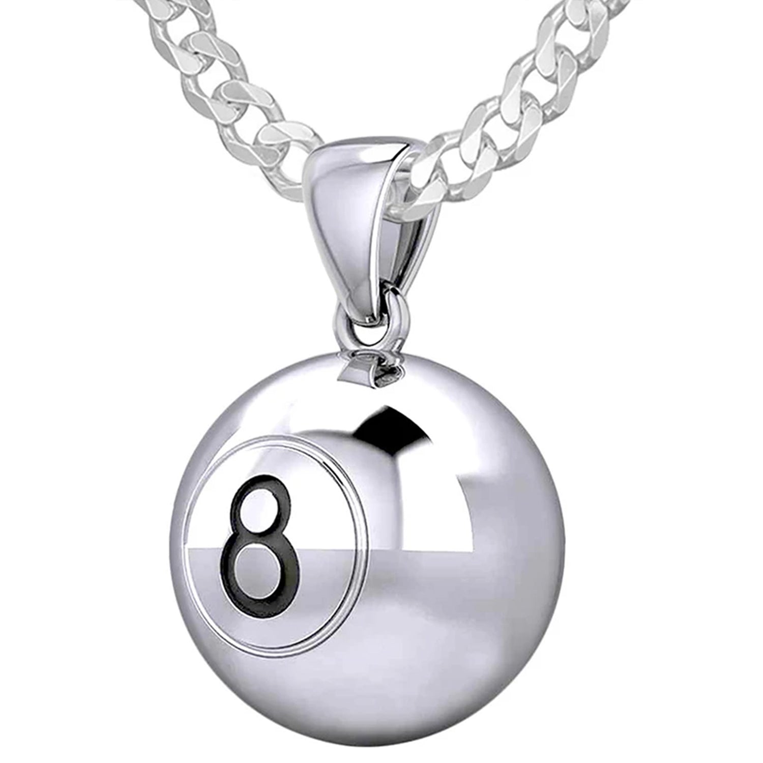 Small 925 Sterling Silver 3D Eight 8 Ball Billiards Pendant Necklace, 13mm - US Jewels