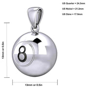 Small 925 Sterling Silver 3D Eight 8 Ball Billiards Pendant Necklace, 13mm - US Jewels