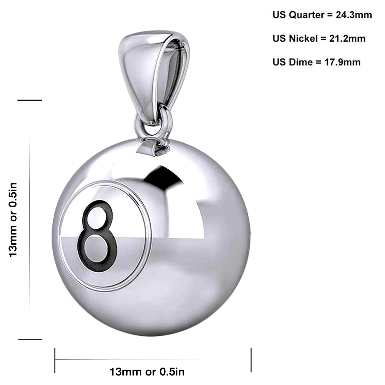 Small 925 Sterling Silver 3D Eight 8 Ball Billiards Pendant Necklace, 13mm - US Jewels