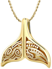 Solid 14k Yellow Gold Aboriginal Whale Tail Aquatic Charm Pendant Necklace - US Jewels