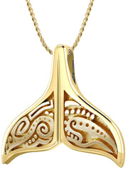 Solid 14k Yellow Gold Aboriginal Whale Tail Aquatic Charm Pendant Necklace - US Jewels