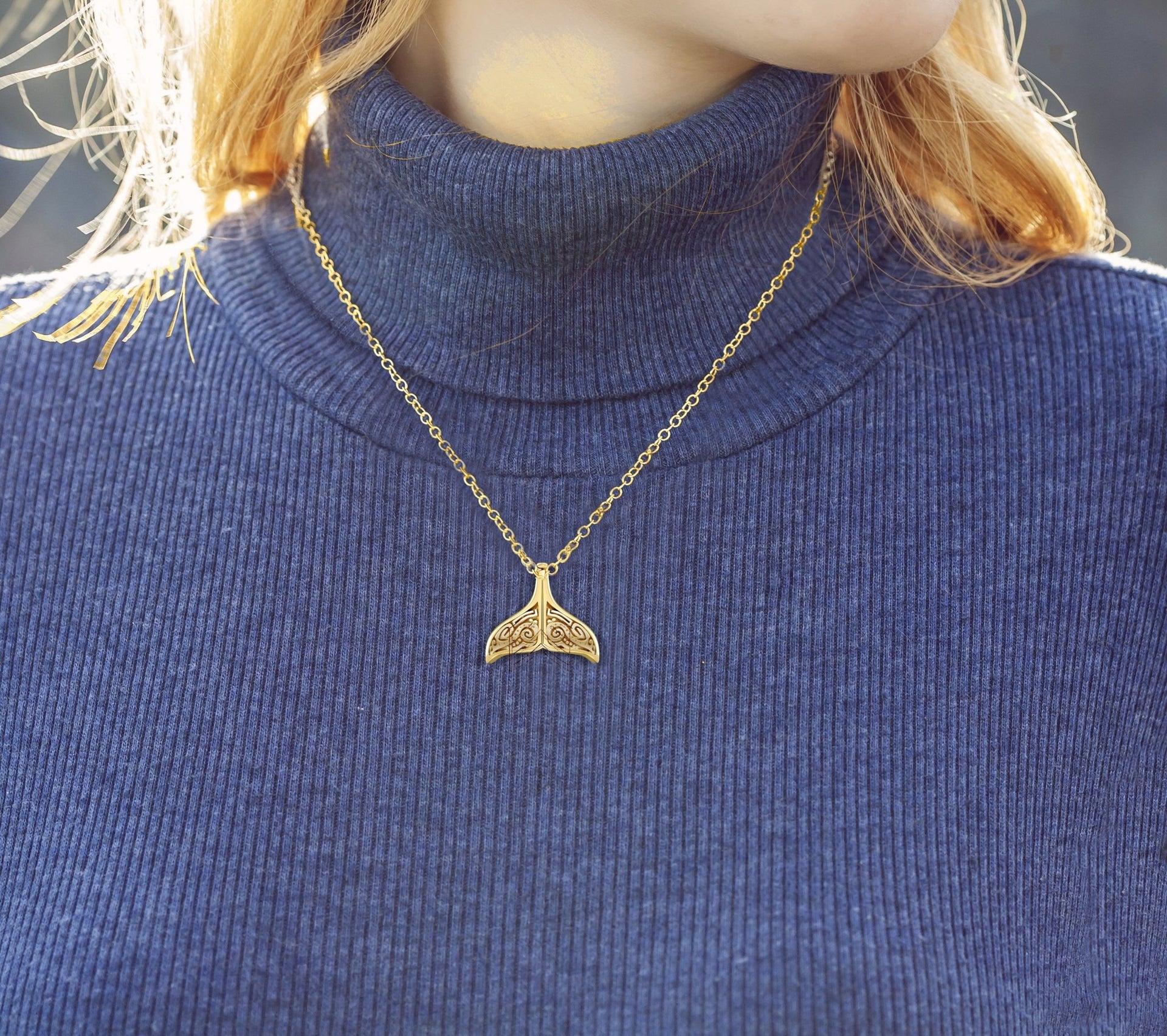 Solid 14k Yellow Gold Aboriginal Whale Tail Aquatic Charm Pendant Necklace - US Jewels