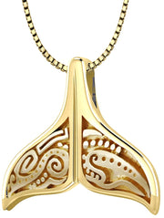 Solid 14k Yellow Gold Aboriginal Whale Tail Aquatic Charm Pendant Necklace - US Jewels