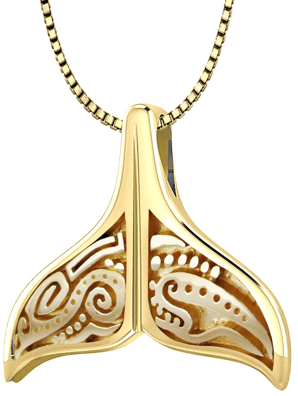 Solid 14k Yellow Gold Aboriginal Whale Tail Aquatic Charm Pendant Necklace - US Jewels