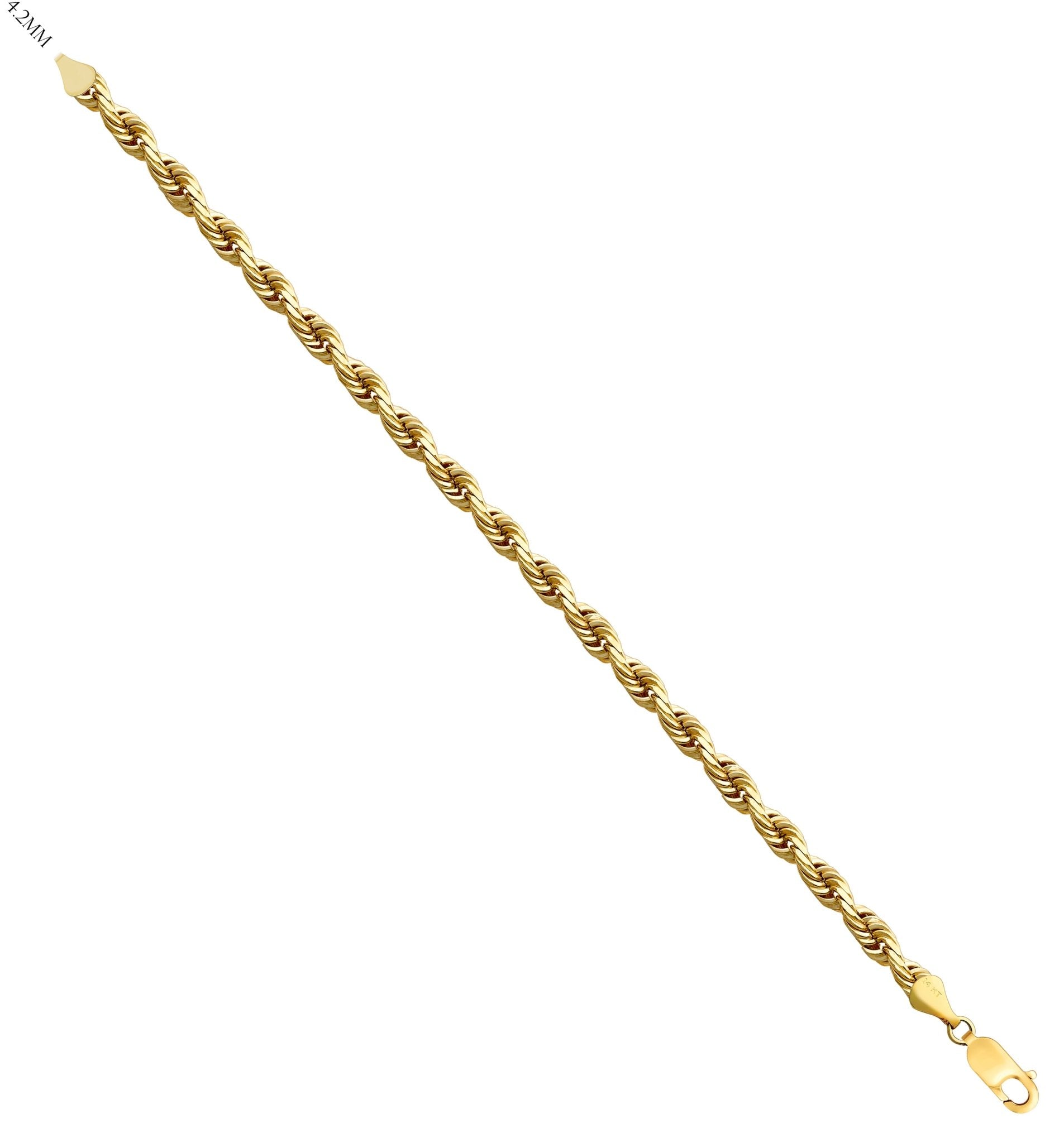 Solid 14K Yellow Gold Diamond Cut Rope Chain Bracelet - US Jewels