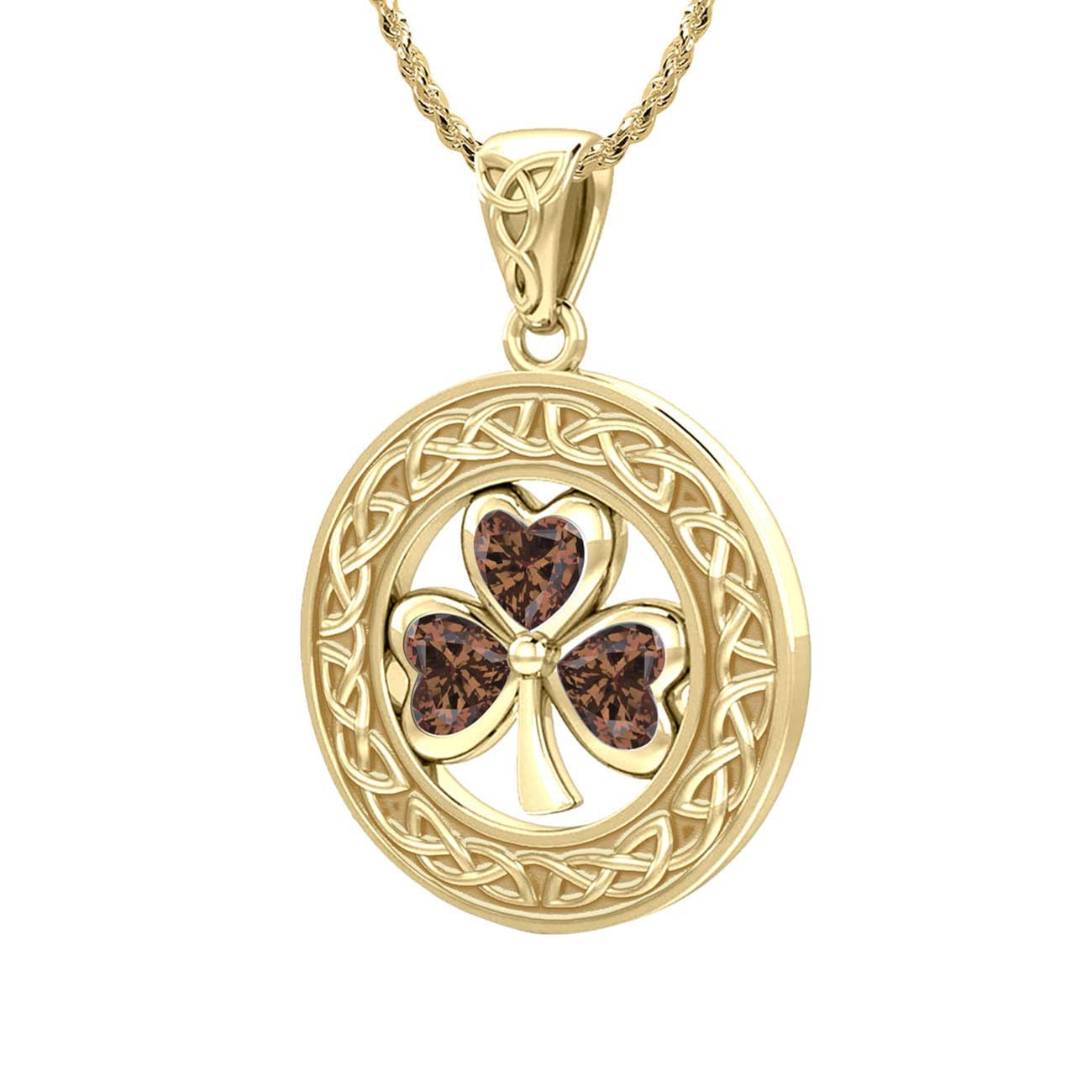 Solid 14k Yellow Gold Irish Shamrock Clover Birthstone Pendant Necklace - US Jewels