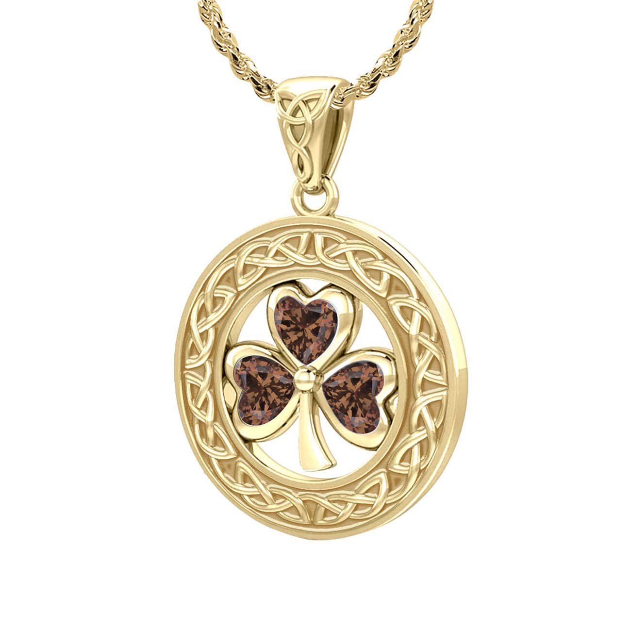 Solid 14k Yellow Gold Irish Shamrock Clover Birthstone Pendant Necklace - US Jewels