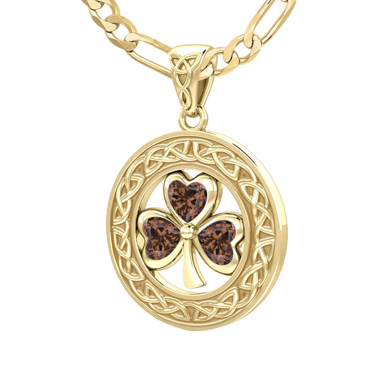Solid 14k Yellow Gold Irish Shamrock Clover Birthstone Pendant Necklace - US Jewels