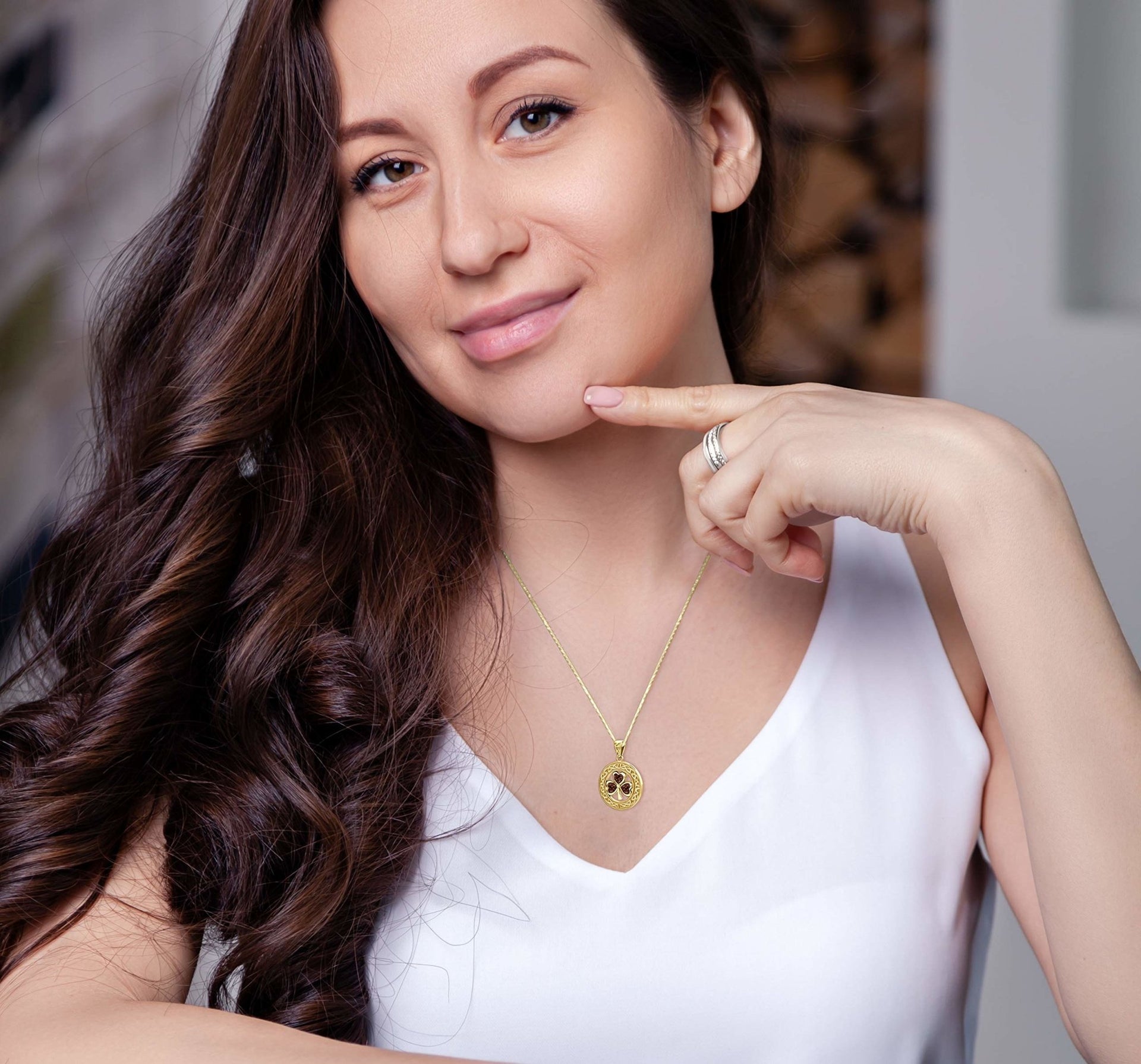 Solid 14k Yellow Gold Irish Shamrock Clover Birthstone Pendant Necklace - US Jewels