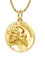 Solid 14K Yellow Gold Saint Jude Thaddeus Medal Round Pendant Necklace, 25mm - US Jewels