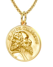 Solid 14K Yellow Gold Saint Jude Thaddeus Medal Round Pendant Necklace, 25mm - US Jewels