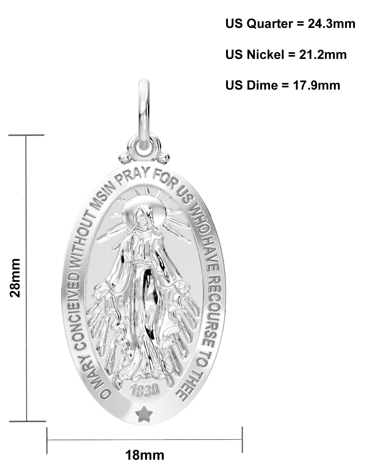 US Jewels Ladies Polished 925 Sterling Silver Large Miraculous Virgin Mary Pendant Necklace, 28mm - US Jewels