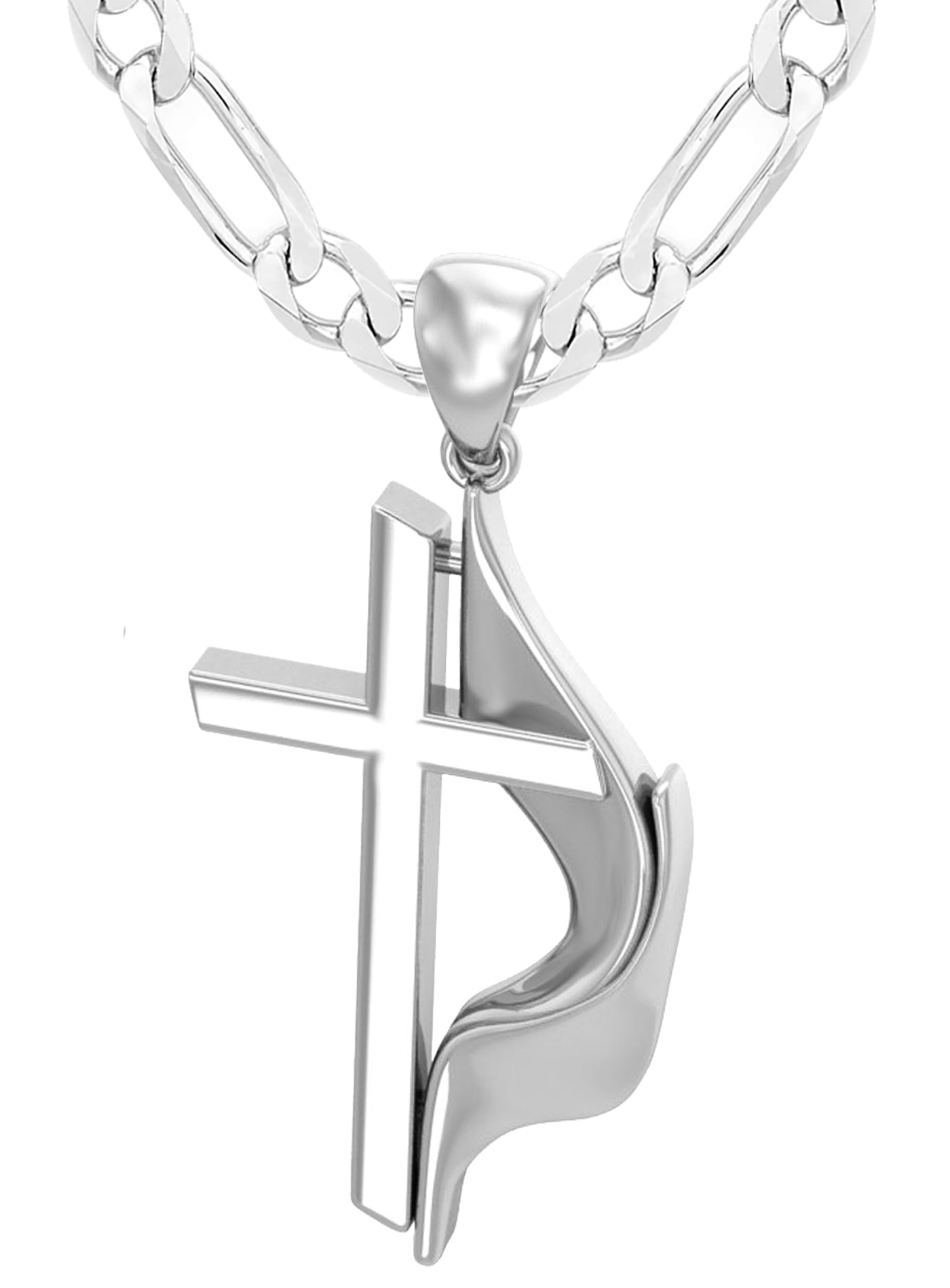 US Jewels Men's 925 Sterling Silver Large Methodist Cross Flame Pendant Necklace, 43mm - US Jewels