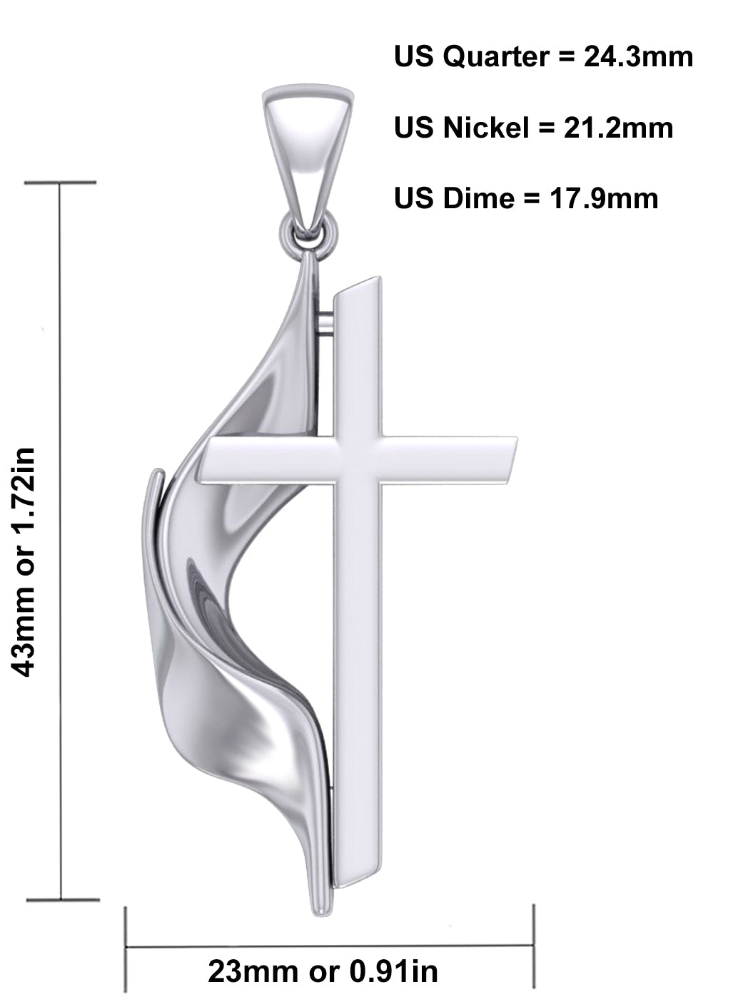 US Jewels Men's 925 Sterling Silver Large Methodist Cross Flame Pendant Necklace, 43mm - US Jewels