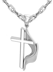 US Jewels Men's 925 Sterling Silver Large Methodist Cross Flame Pendant Necklace, 43mm - US Jewels