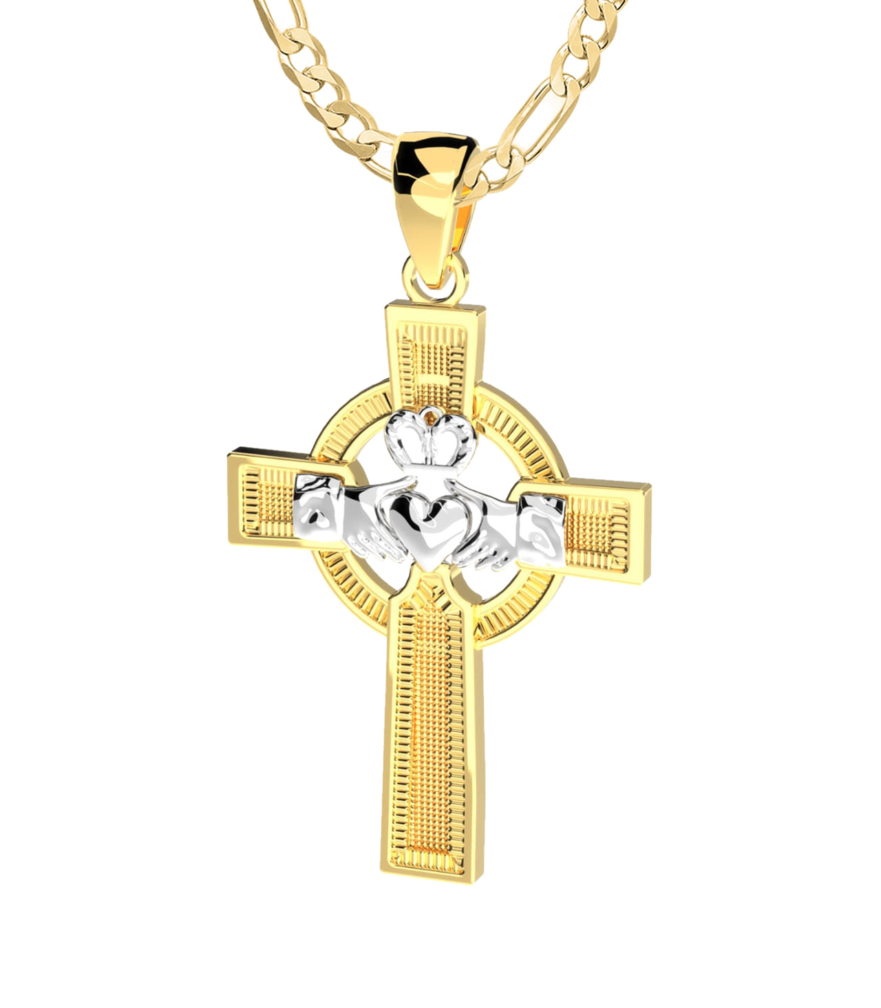 14K Yellow & White Gold Two-Tone Irish Claddagh Cross Pendant Necklace