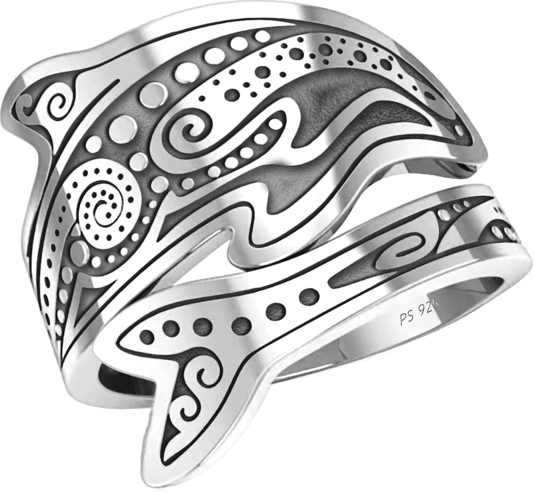 Women's 925 Sterling Silver Tribal Tattoo Dolphin Spoon Ring - US Jewels