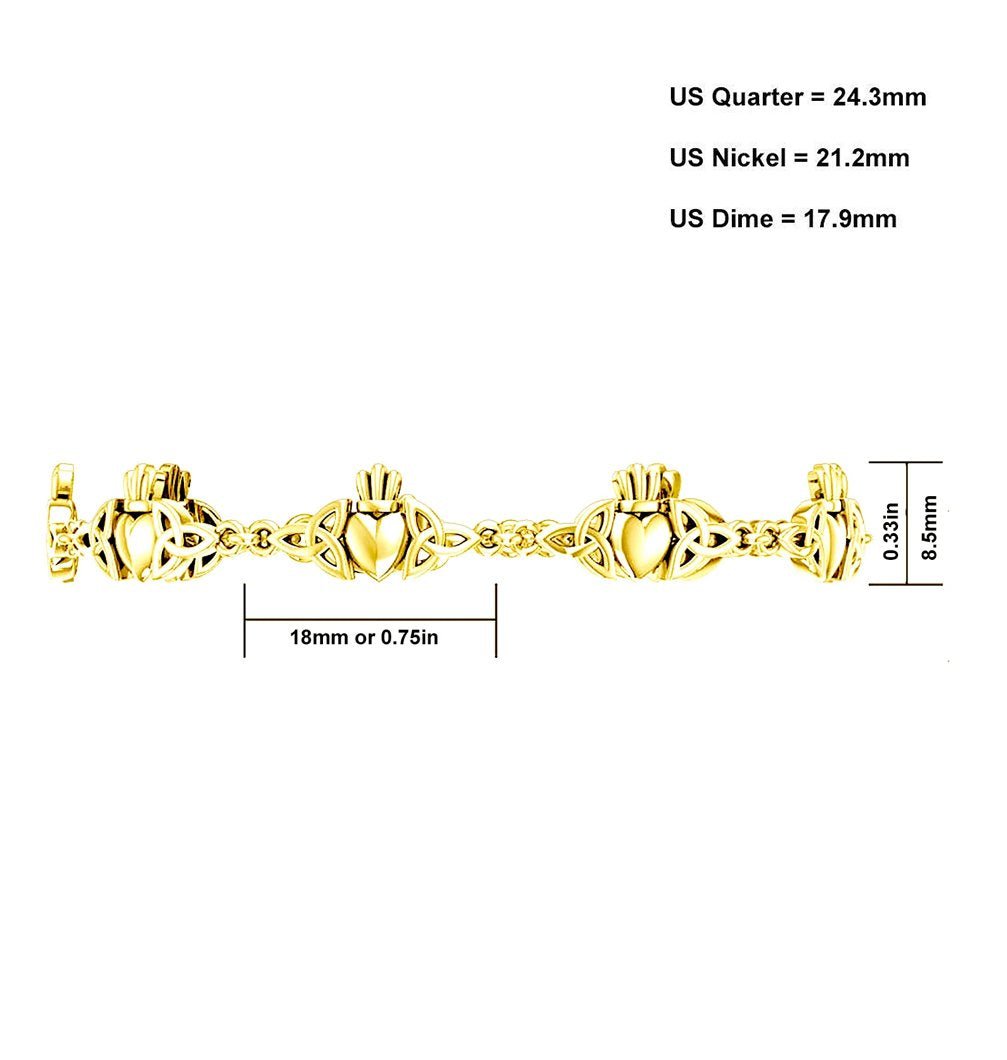 Women's Yellow Gold Irish Celtic Trinity Claddagh Link Bracelet - US Jewels