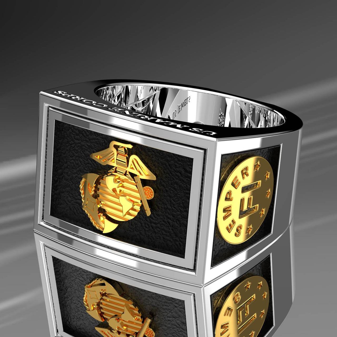 Men's Heavy Two Tone 925 Sterling Silver and 14k Yellow Gold US Marine Corps USMC Ring Band