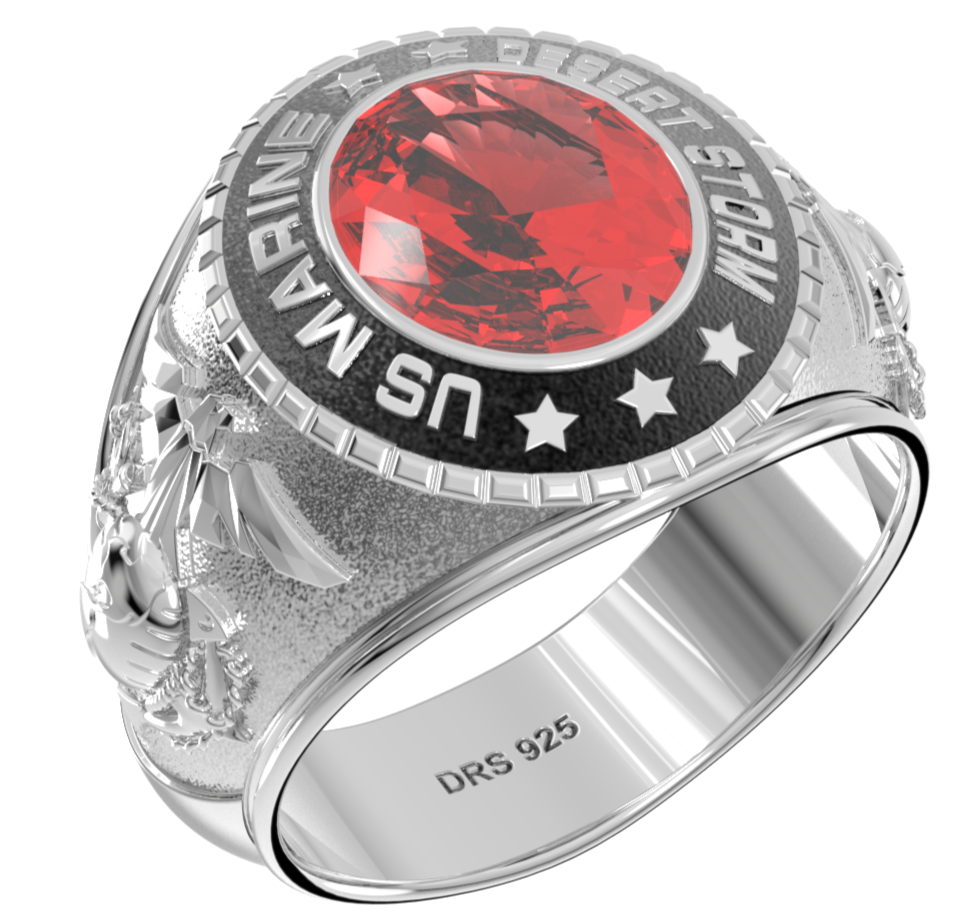 Customizable Desert Storm Men's 925 Sterling Silver US Marine Corps Military Solid Back Ring