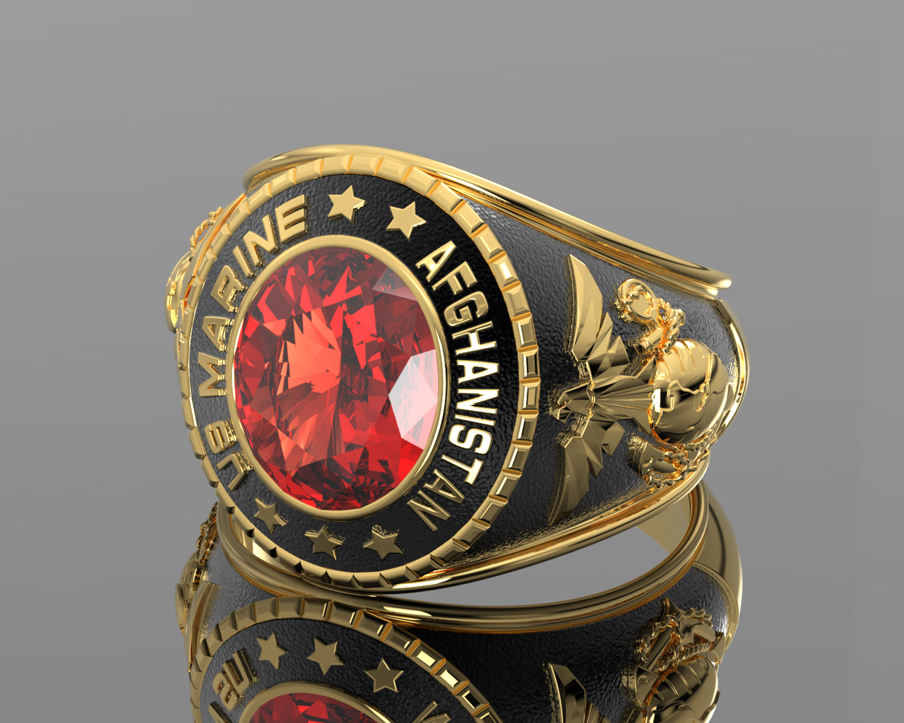 Customizable Afghanistan  Men's 10k or 14k Yellow or White Gold US Marine Corps Military Solid Back Ring