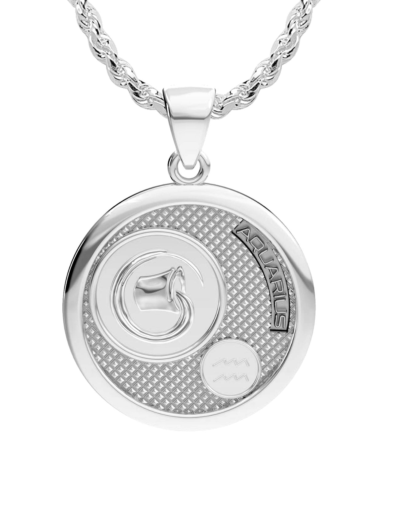 Ladies 925 Sterling Silver Round Aquarius Zodiac Polished Pendant Necklace, 25mm