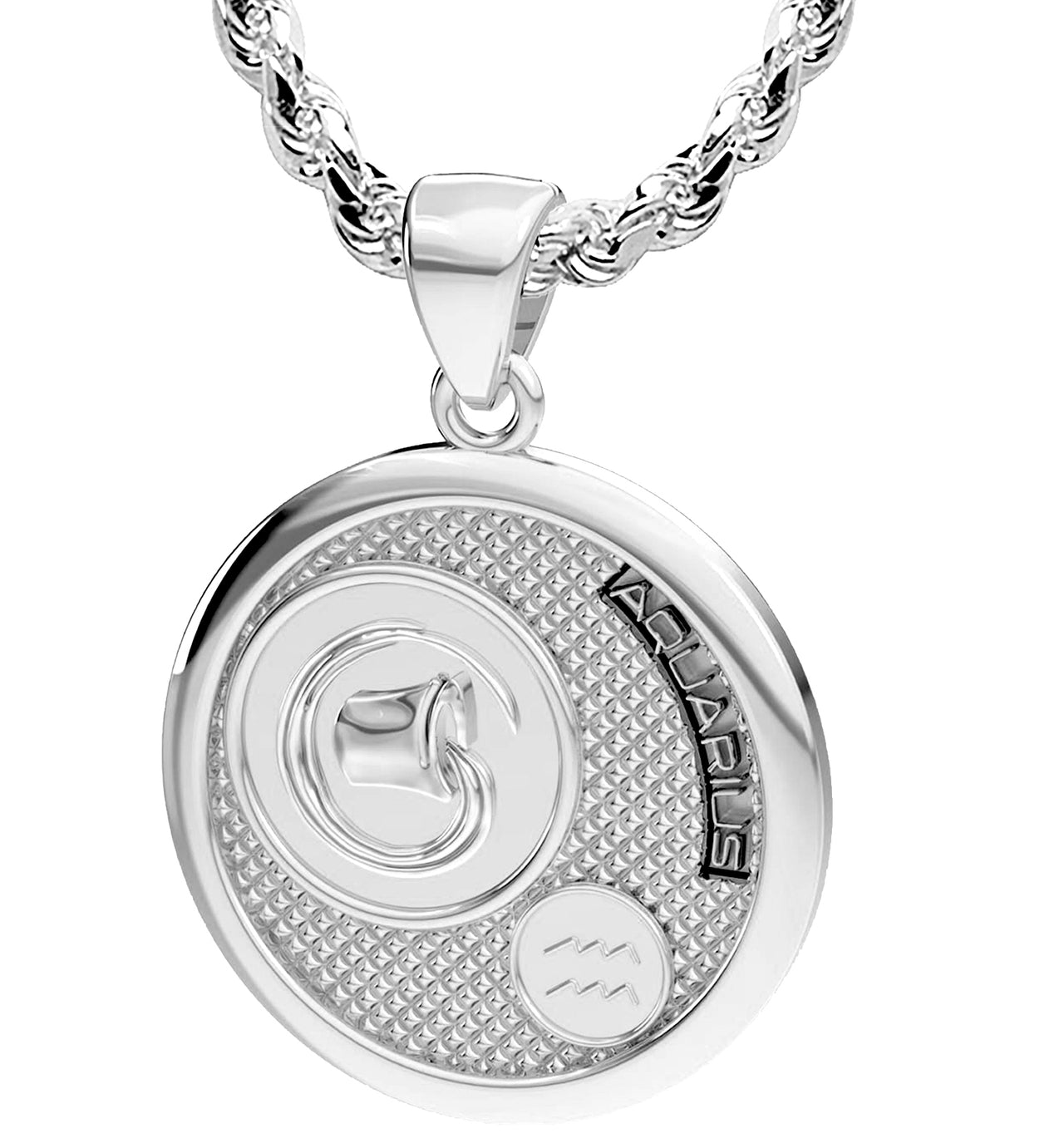 Men's 925 Sterling Silver Round Aquarius Zodiac Polished Finish Pendant Necklace, 33mm
