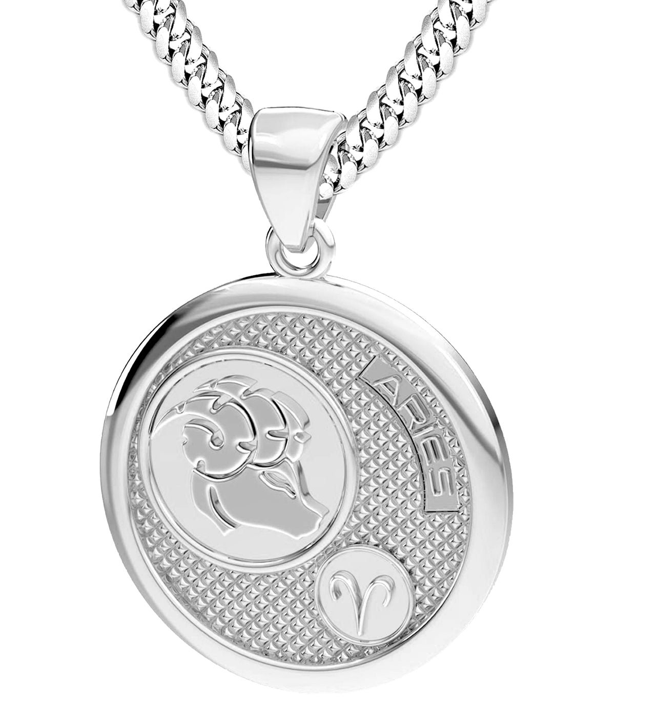 Men's 925 Sterling Silver Round Aries Zodiac Polished Finish Pendant Necklace, 33mm