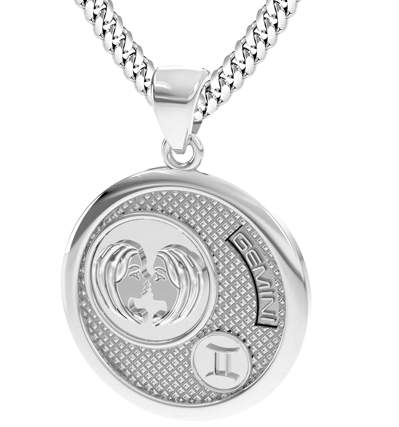 Men's 925 Sterling Silver Round Gemini Zodiac Polished Finish Pendant Necklace, 33mm