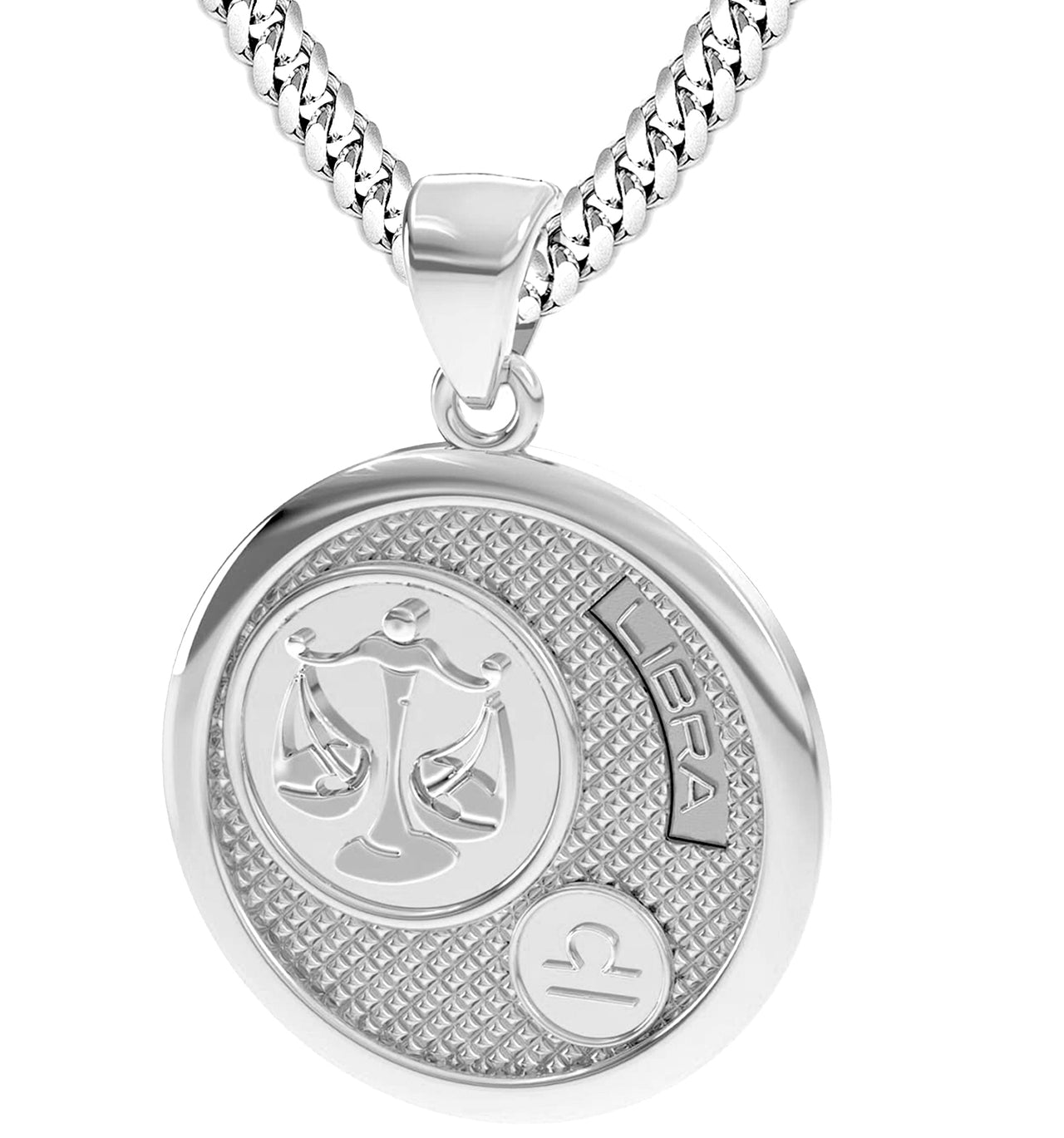 Men's 925 Sterling Silver Round Libra Zodiac Polished Finish Pendant Necklace, 33mm