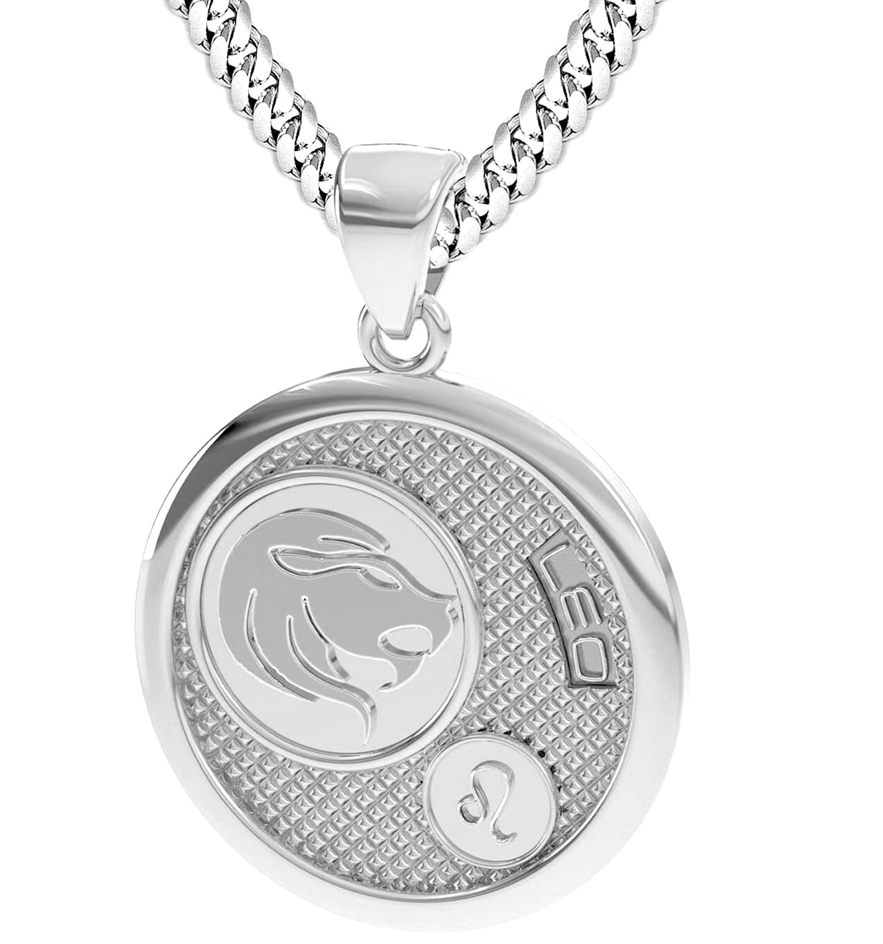 Men's 925 Sterling Silver Round Leo Zodiac Polished Finish Pendant Necklace, 33mm