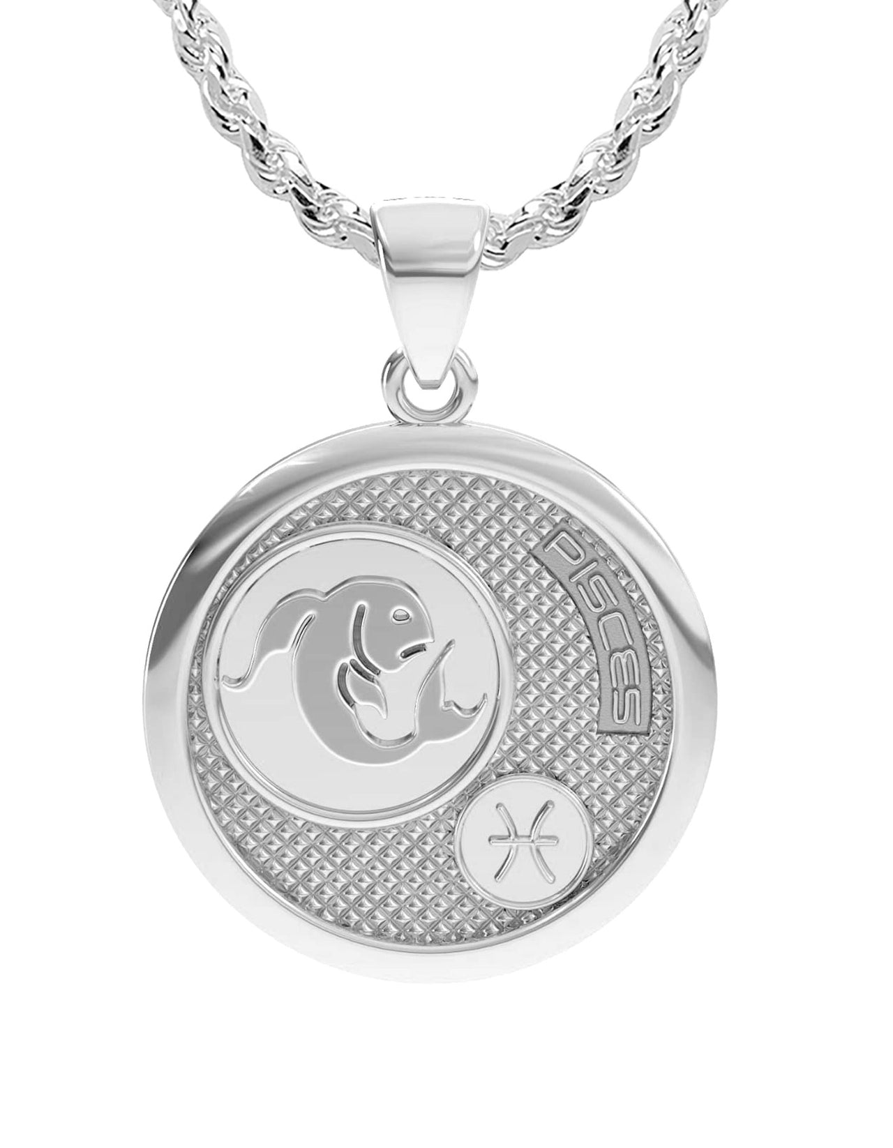 Ladies 925 Sterling Silver Round Pisces Zodiac Polished Finish Pendant Necklace, 25mm