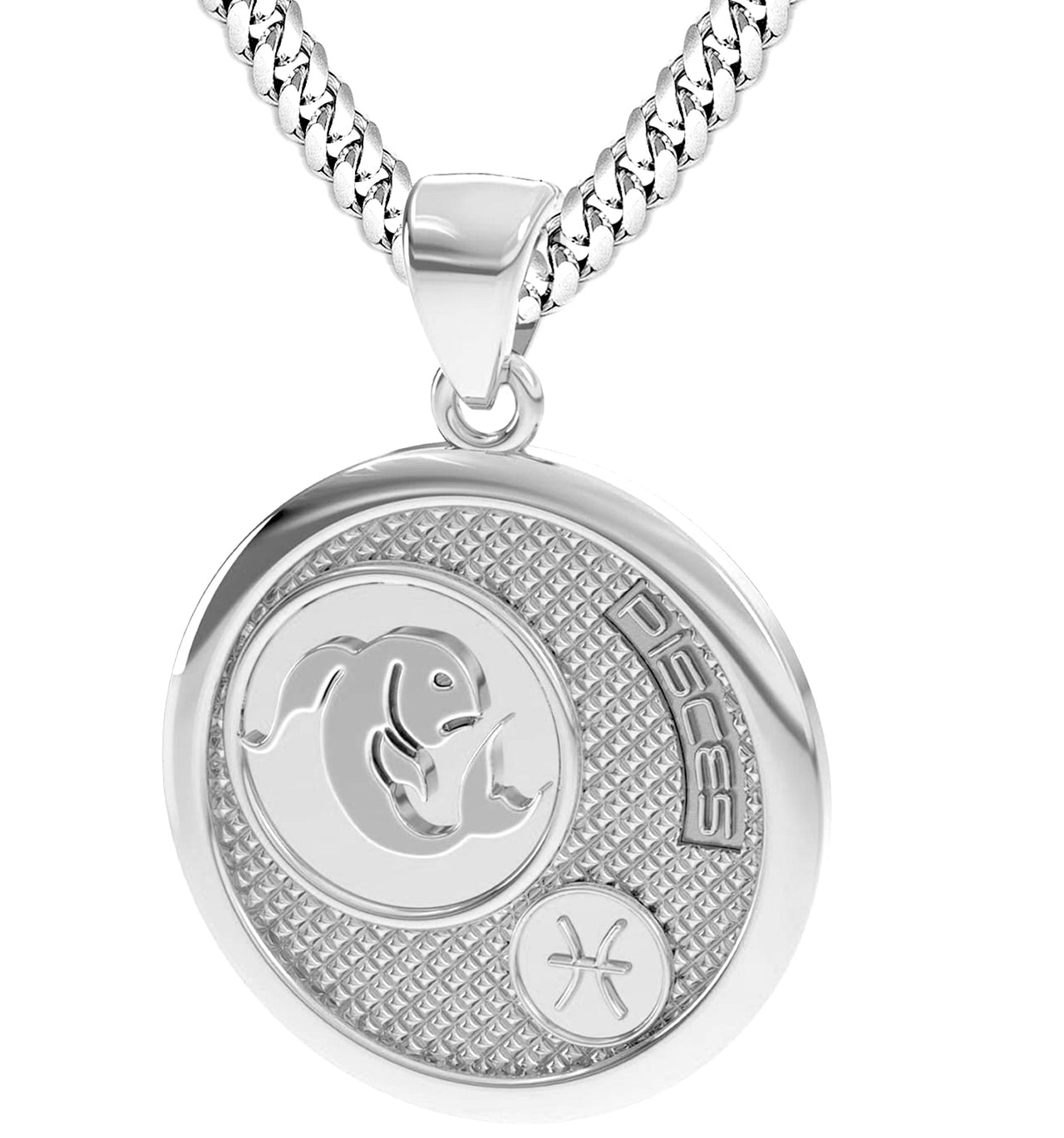 Men's 925 Sterling Silver Round Pisces Zodiac Polished Finish Pendant Necklace, 33mm