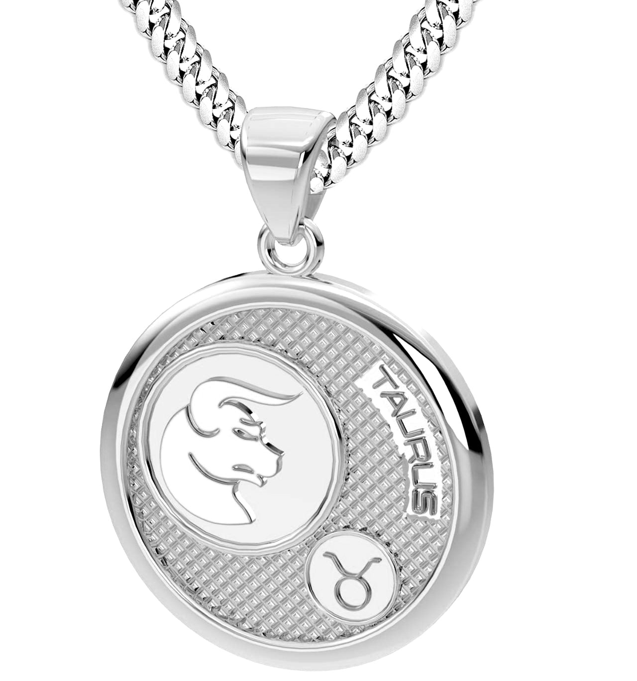 Men's 925 Sterling Silver Round Taurus Zodiac Polished Finish Pendant Necklace, 33mm