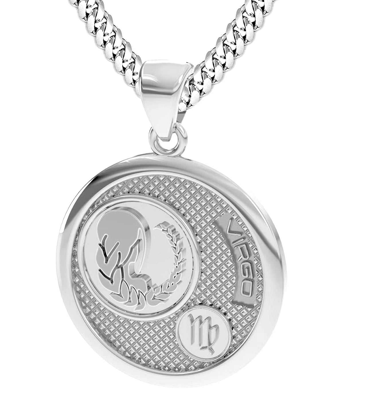 Men's 925 Sterling Silver Round Virgo Zodiac Polished Finish Pendant Necklace, 33mm