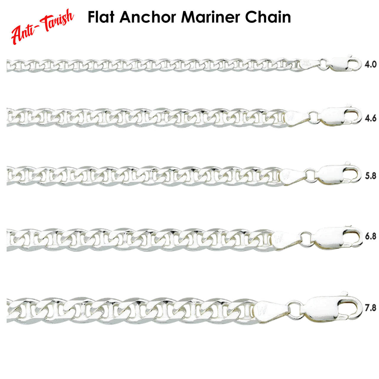 Solid 925 Sterling Silver Flat Anchor or Mariner Chain Necklace, 5 Sizes 4.0mm to 7.8mm