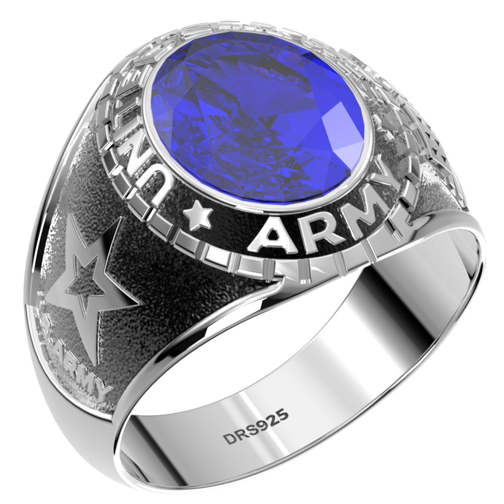 Customizable Sized Men's Antiqued 925 Sterling Silver US Army Military Solid Back Ring