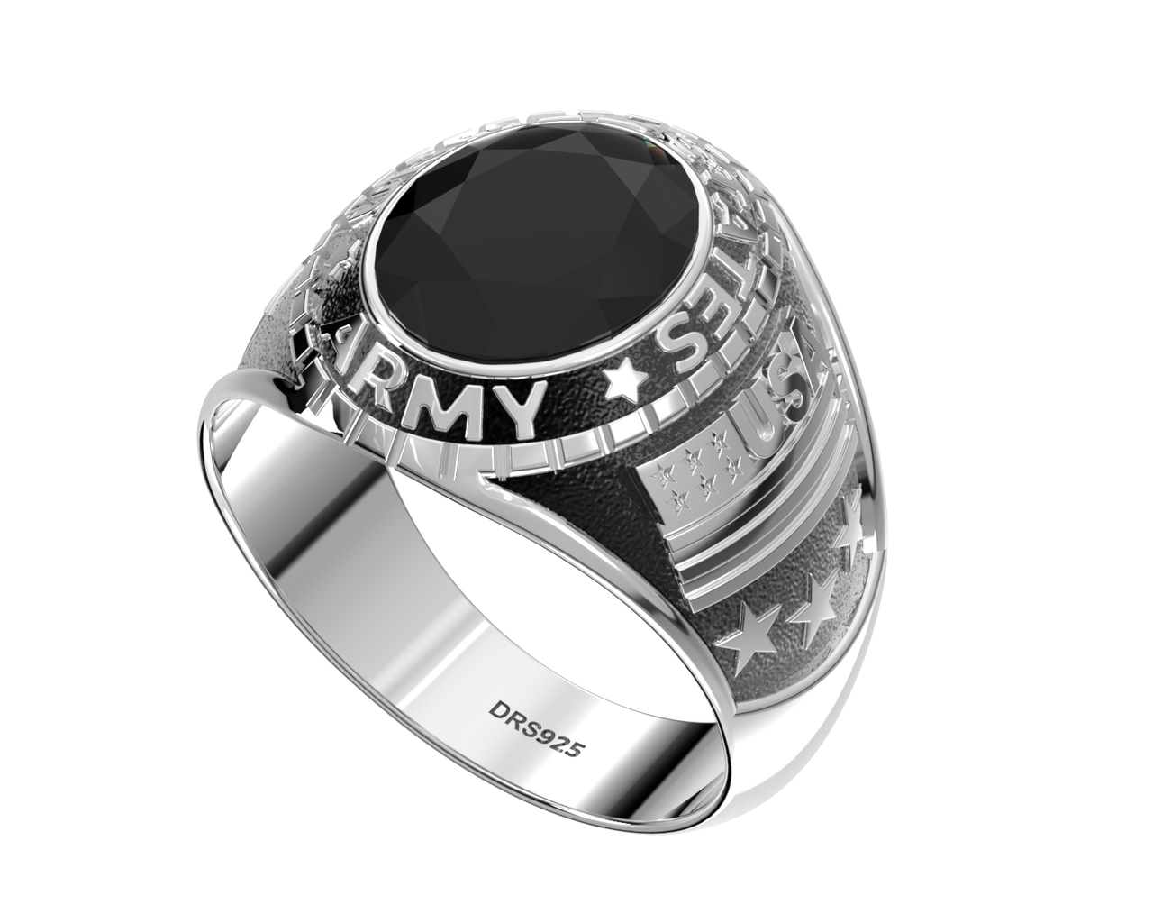 Customizable Sized Men's Antiqued 925 Sterling Silver US Army Military Solid Back Ring