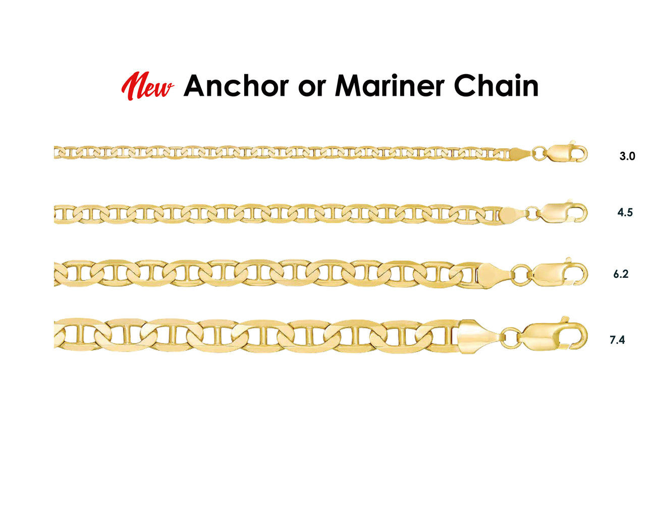 Solid 14K Yellow Flat Anchor or Mariner Bracelet, 4 Sizes 3.0mm to 7.4mm