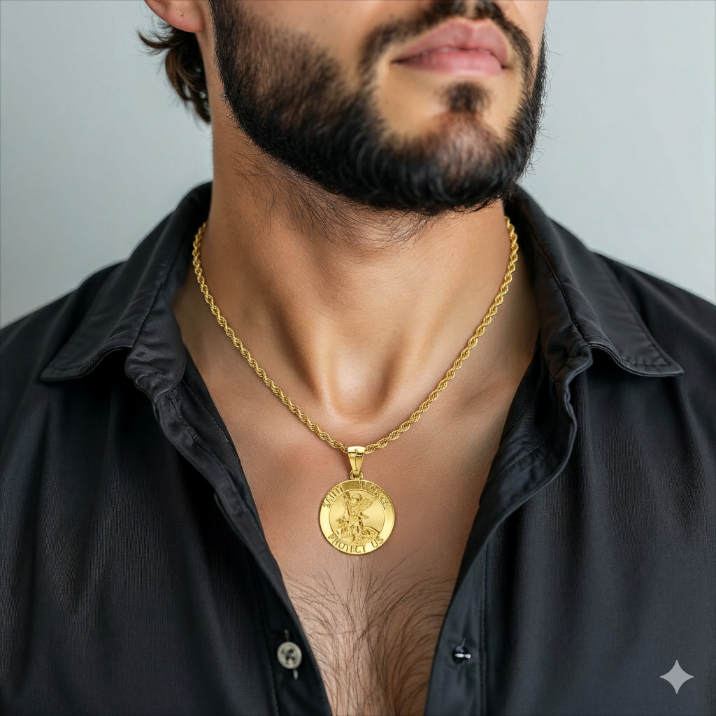 Solid 14K Yellow Gold St Saint Michael Medal Round Pendant Necklace, 25mm
