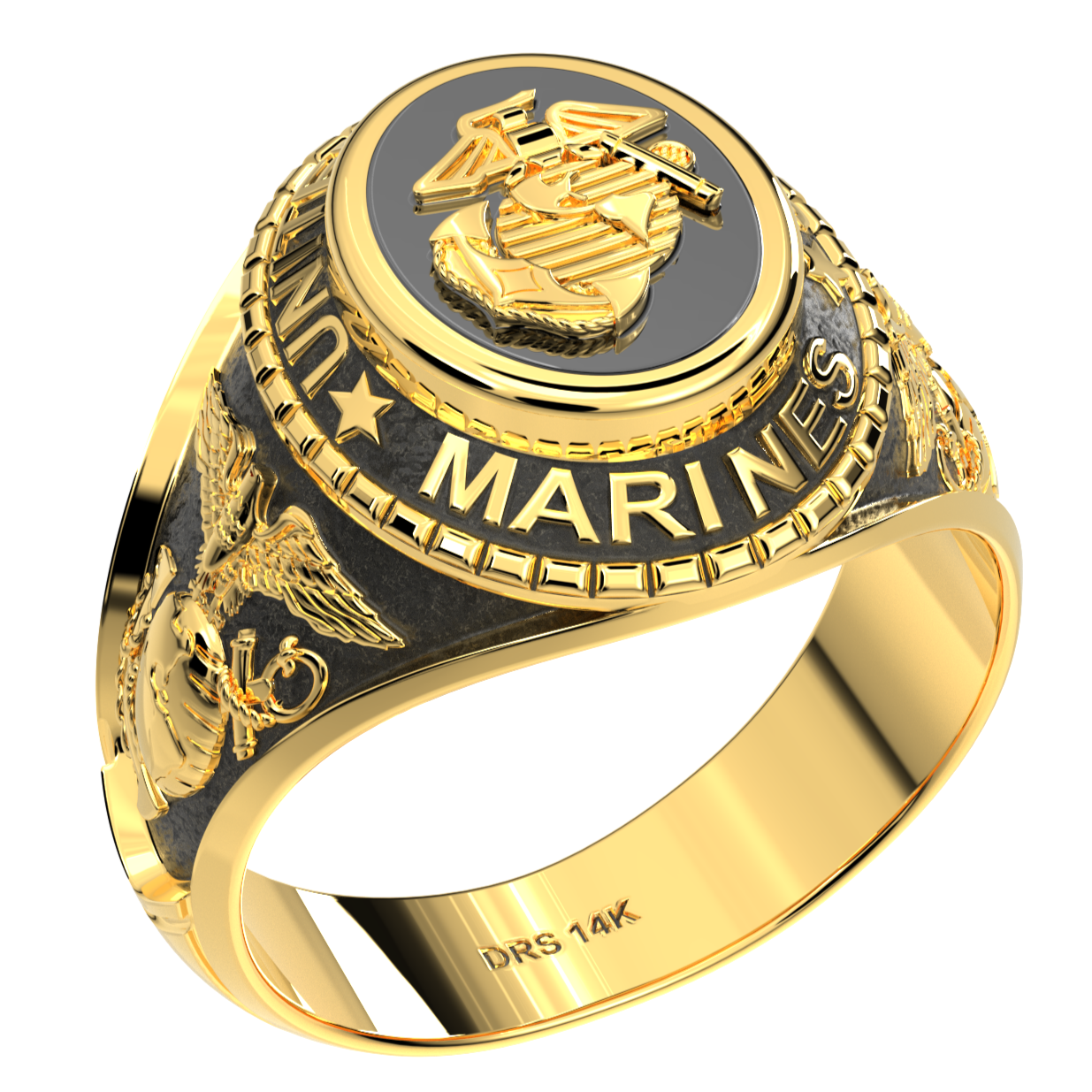 Customizable Men's Antiqued 14k Yellow or White Gold United States Marine Corps Military Solid Back Ring