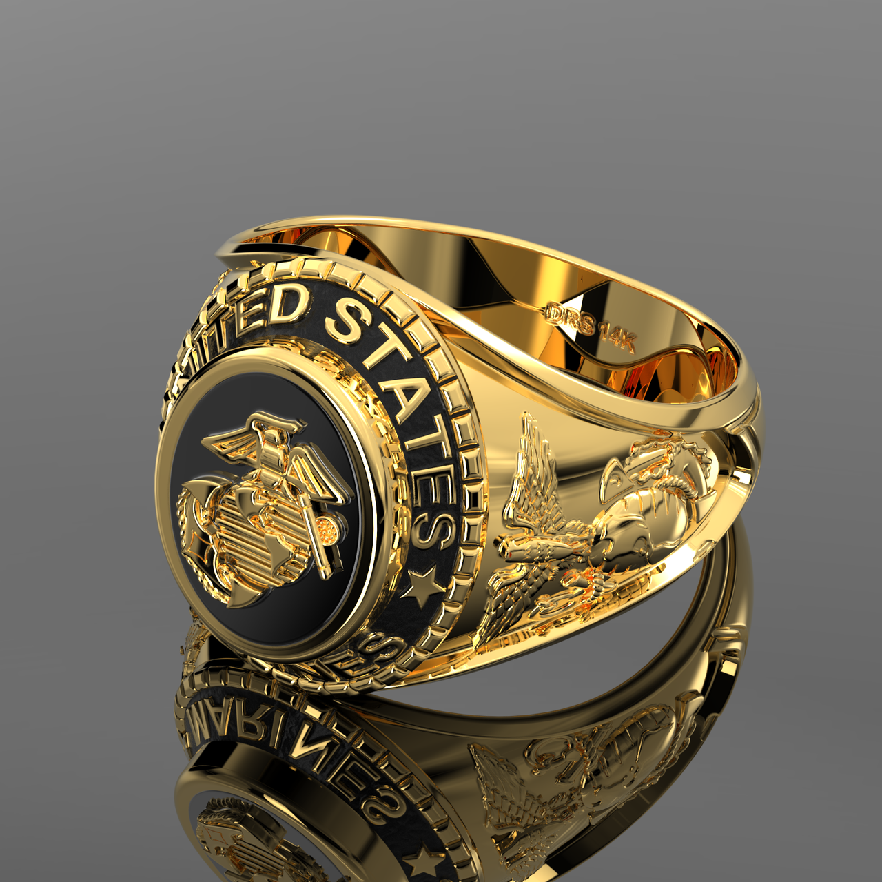 Customizable Medium Size Men's 10k or 14k Yellow or White Gold United States Marine Corps Military Solid Back Ring