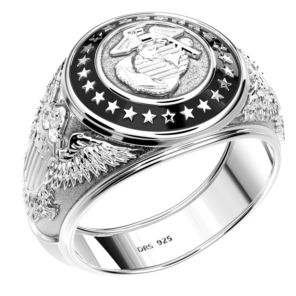 Men's 925 Sterling Silver US Marine Corps Military Solid Back Ring
