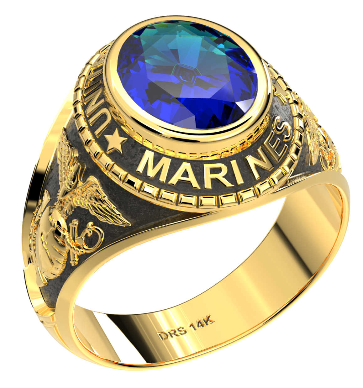 Customizable Men's 10k or 14k Yellow or White Gold US Marine Corps Military Solid Back Ring