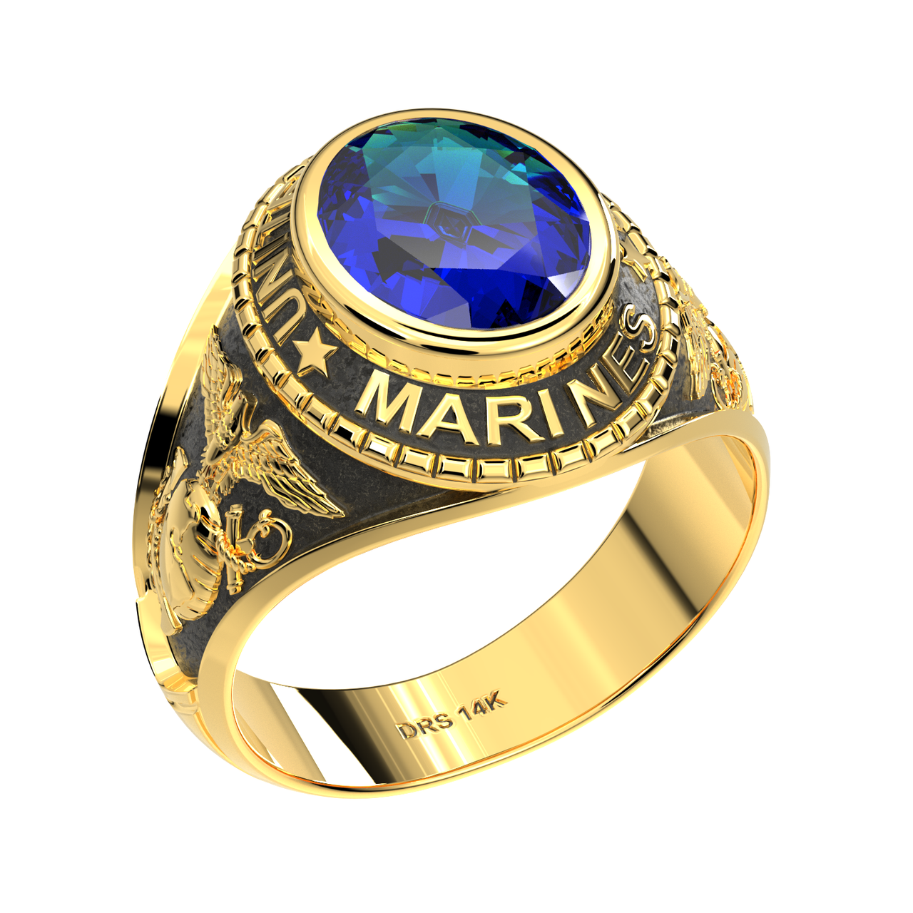 Customizable Men's Antiqued 14k Yellow or White Gold US Marine Corps Military Solid Back Ring