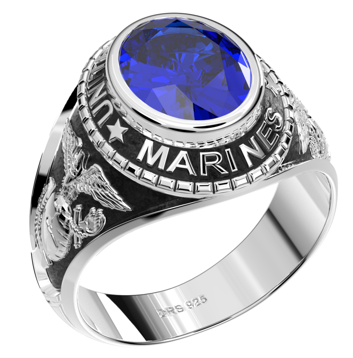 Customizable Men's Antiqued 925 Sterling Silver US Marine Corps Military Solid Back Ring