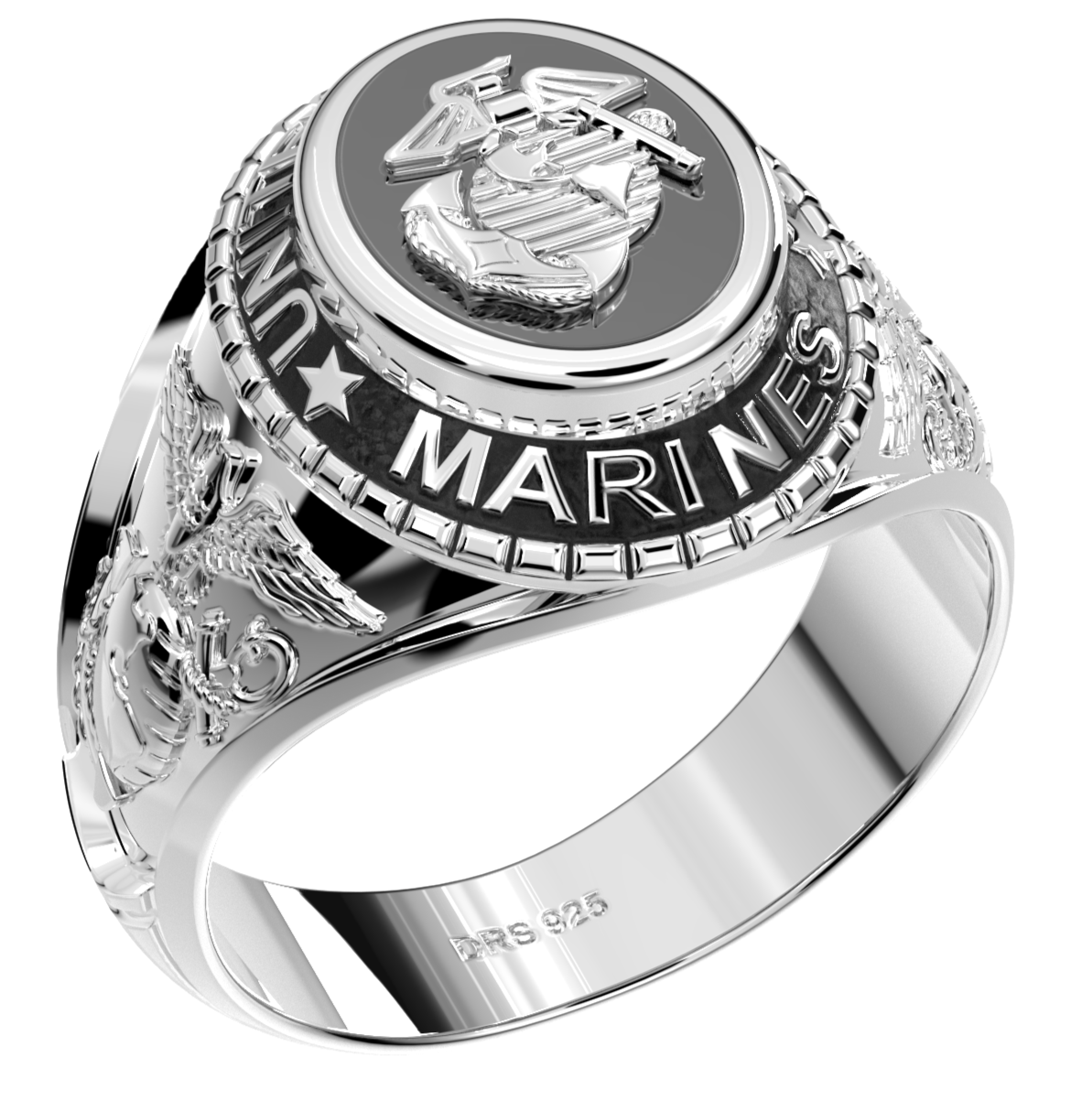 Customizable Men's Medium 925 Sterling Silver & 14K Gold US Marine Corps Military Solid Back Ring
