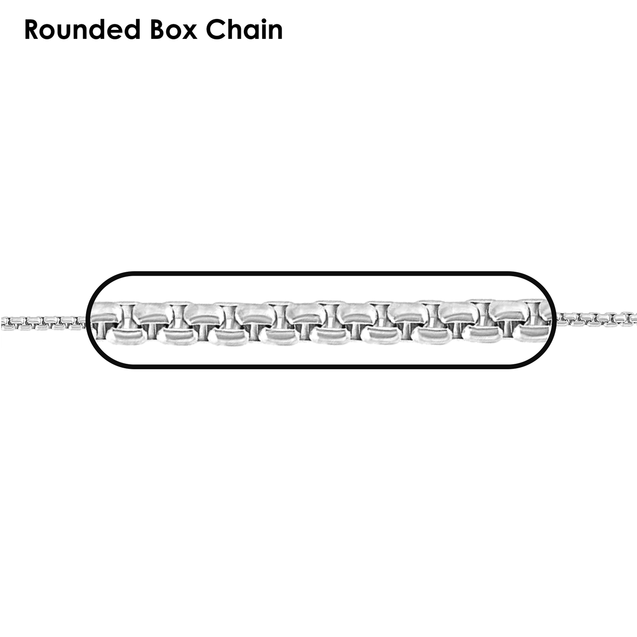 Rhodium Plated Solid 925 Sterling Silver Rounded Box Chain Necklace, 5 Sizes. 1.8mm to 5.2mm