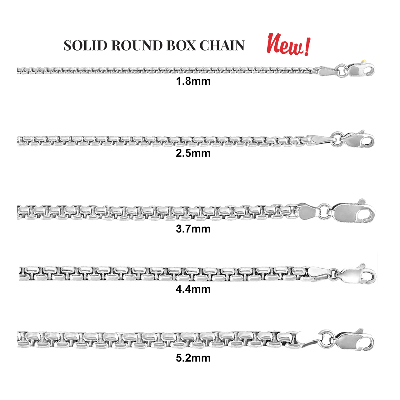 Rhodium Plated Solid 925 Sterling Silver Rounded Box Chain Necklace, 5 Sizes. 1.8mm to 5.2mm