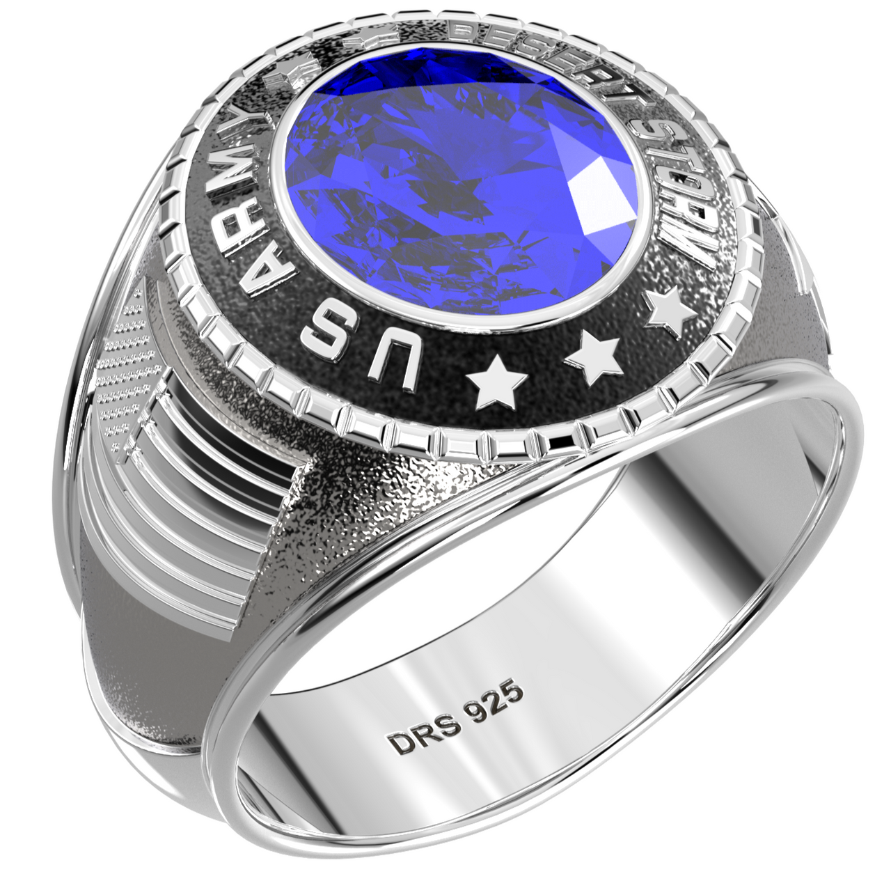 Customizable Desert Storm Men's 925 Sterling Silver US Army Military Solid Back Ring